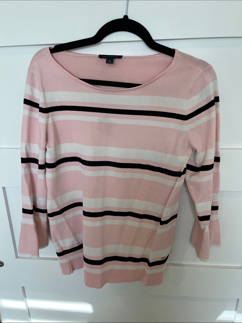 Tommy Hilfiger Pink, White & Black Crewneck Stripe Top